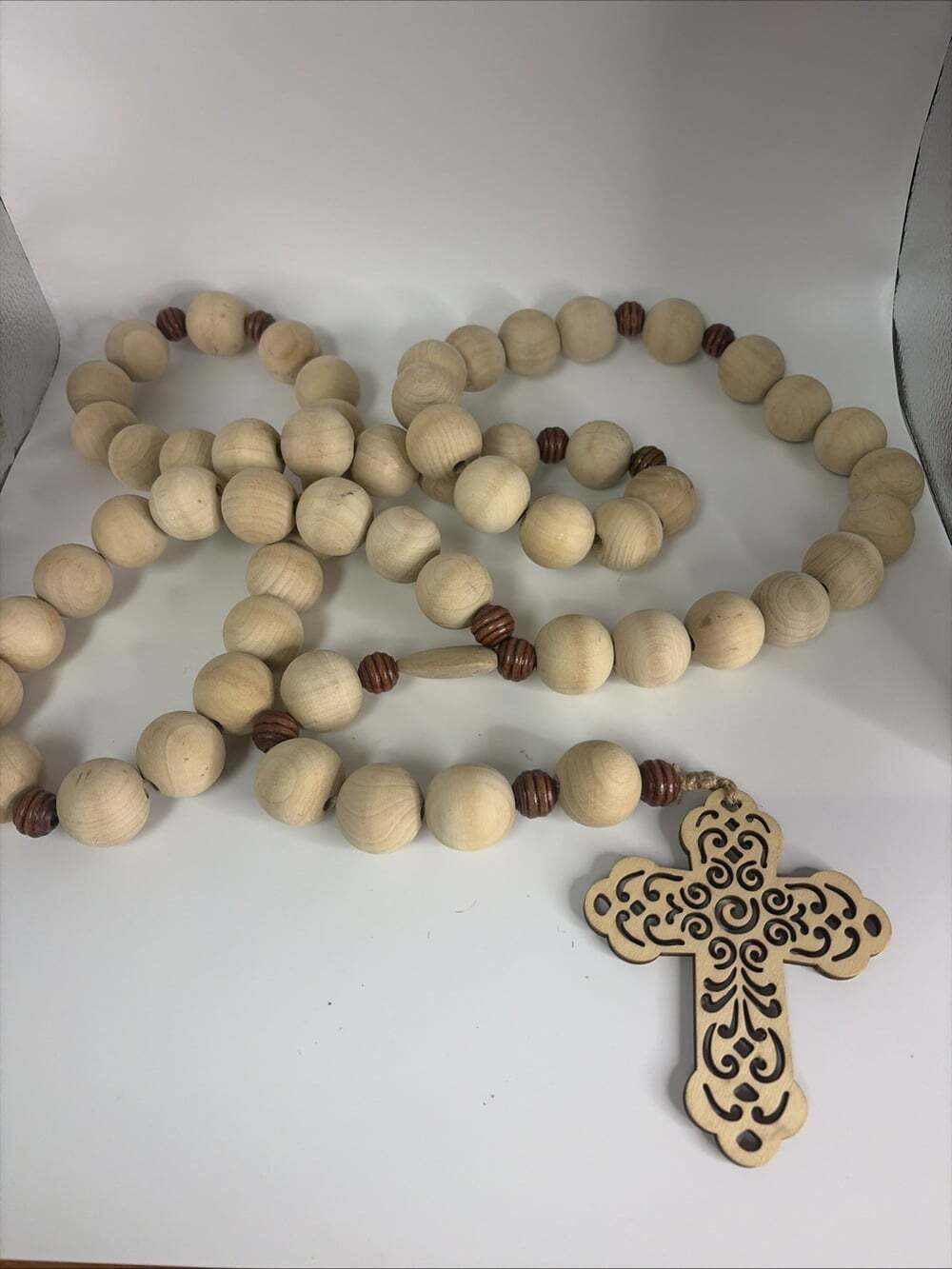 Decorative Wooden Bead Rosary With Wooden Cross 47”
